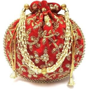 Handmade Velvet Embroidered Potli Purse Indian Drawstring Bag Red :[